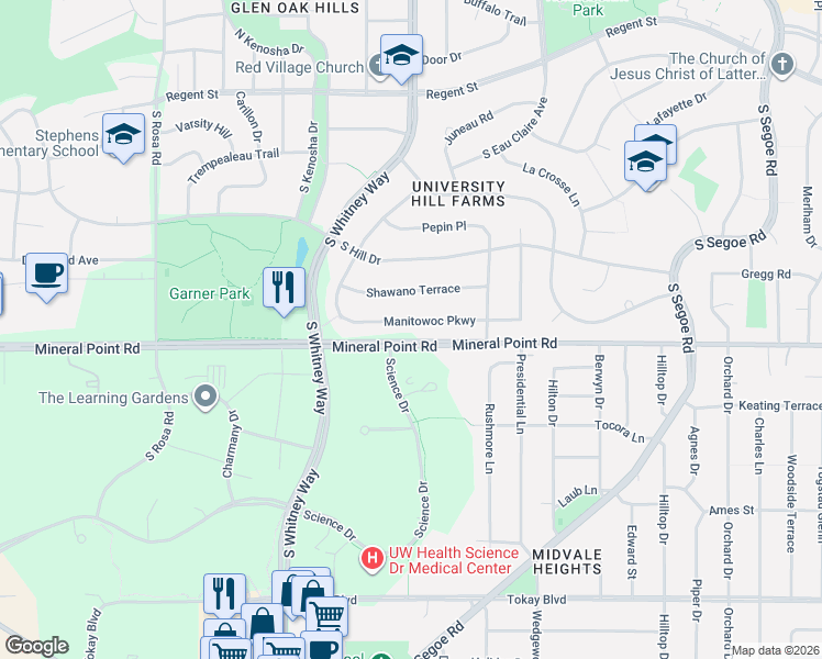 map of restaurants, bars, coffee shops, grocery stores, and more near 5217 Shawano Terrace in Madison