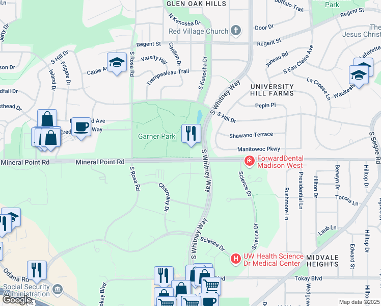 map of restaurants, bars, coffee shops, grocery stores, and more near 320 South Whitney Way in Madison