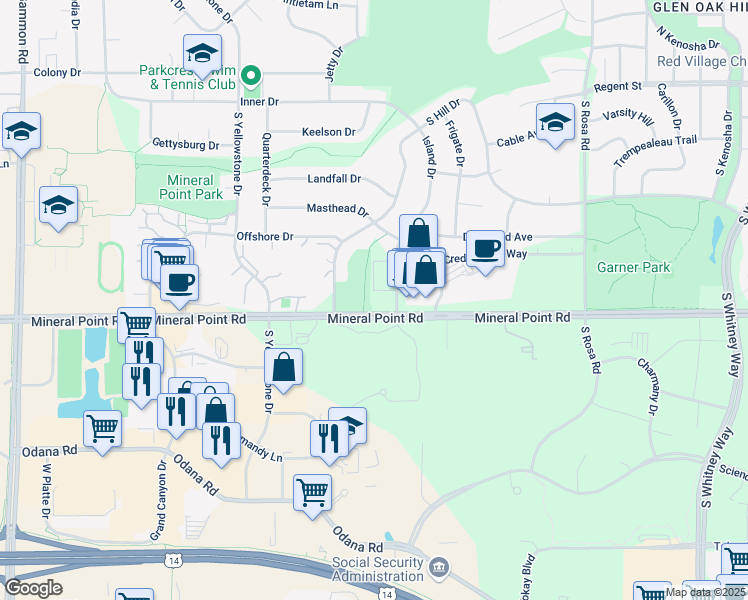 map of restaurants, bars, coffee shops, grocery stores, and more near 332 Island Drive in Madison