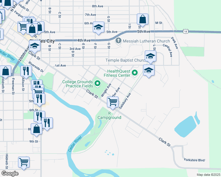 map of restaurants, bars, coffee shops, grocery stores, and more near 1721 Salzer St in Charles City