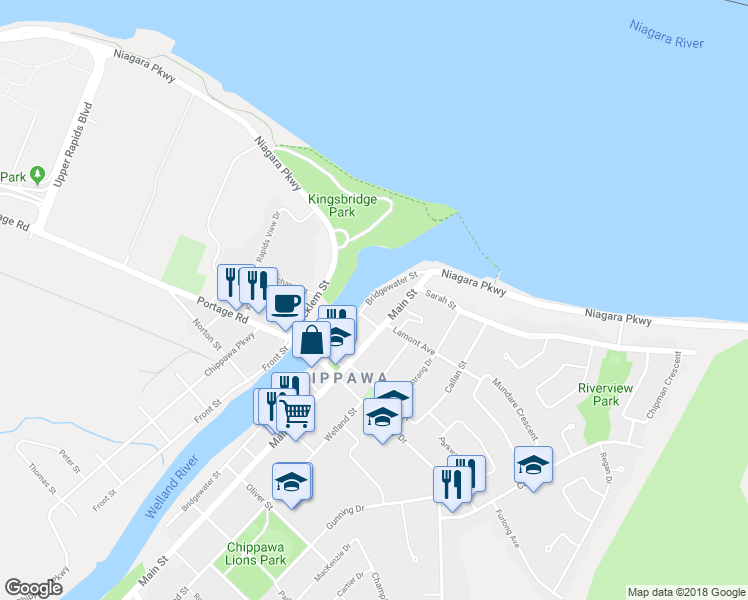 map of restaurants, bars, coffee shops, grocery stores, and more near 3584 Bridgewater Street in Niagara Falls