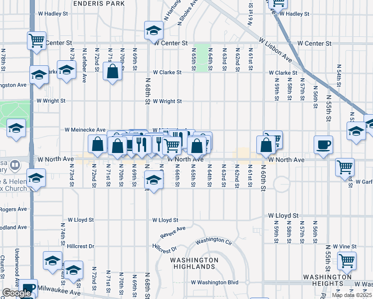 map of restaurants, bars, coffee shops, grocery stores, and more near 2325 North 65th Street in Wauwatosa