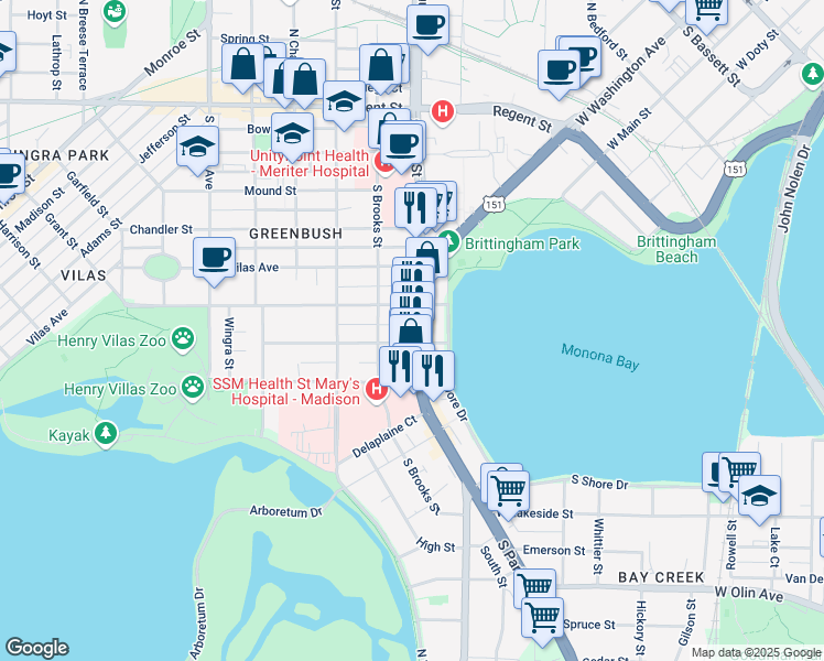 map of restaurants, bars, coffee shops, grocery stores, and more near 520 South Park Street in Madison