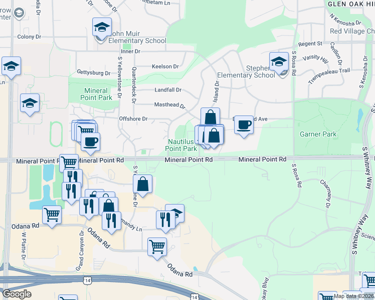 map of restaurants, bars, coffee shops, grocery stores, and more near 6210 Mineral Point Road in Madison
