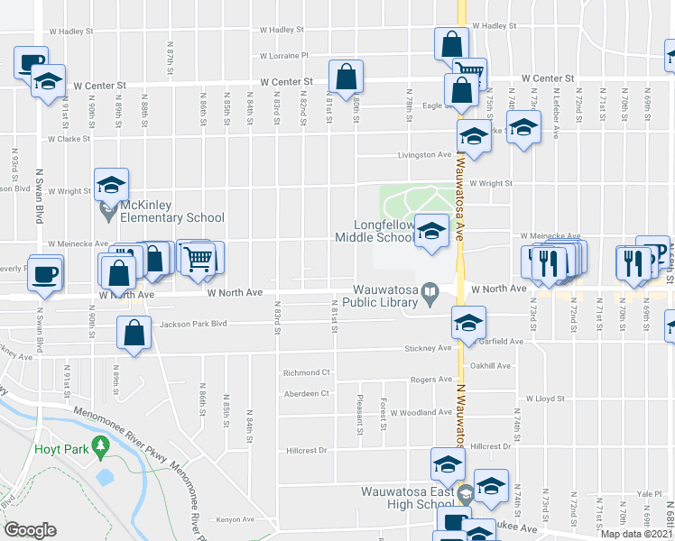 map of restaurants, bars, coffee shops, grocery stores, and more near 2328 North 81st Street in Wauwatosa