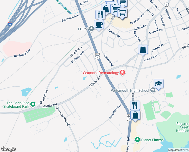 map of restaurants, bars, coffee shops, grocery stores, and more near 87 Sheffield Road in Portsmouth