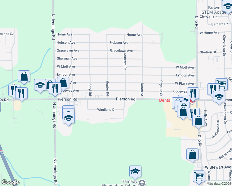 map of restaurants, bars, coffee shops, grocery stores, and more near 3312 Ridgeway Avenue in Flint