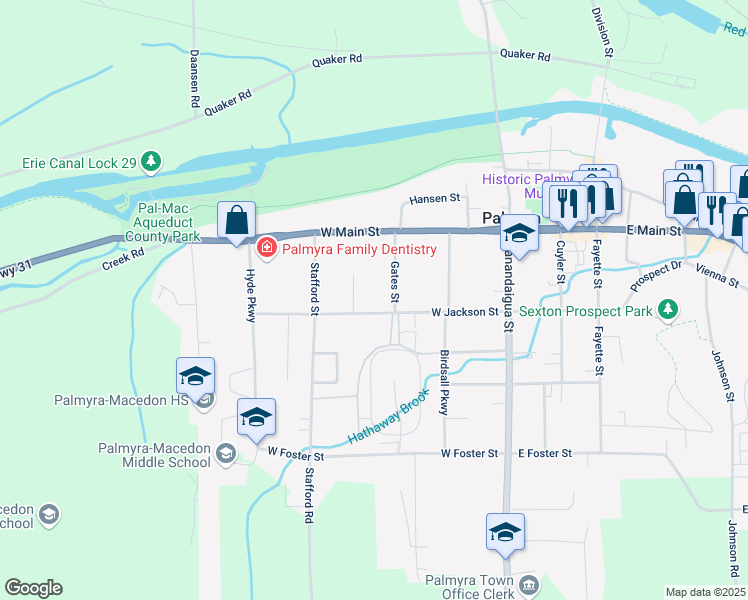 map of restaurants, bars, coffee shops, grocery stores, and more near 150 Tremont Street in Palmyra