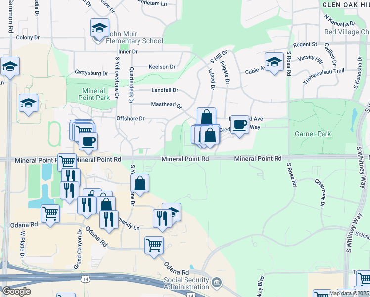 map of restaurants, bars, coffee shops, grocery stores, and more near 6210 Mineral Point Road in Madison