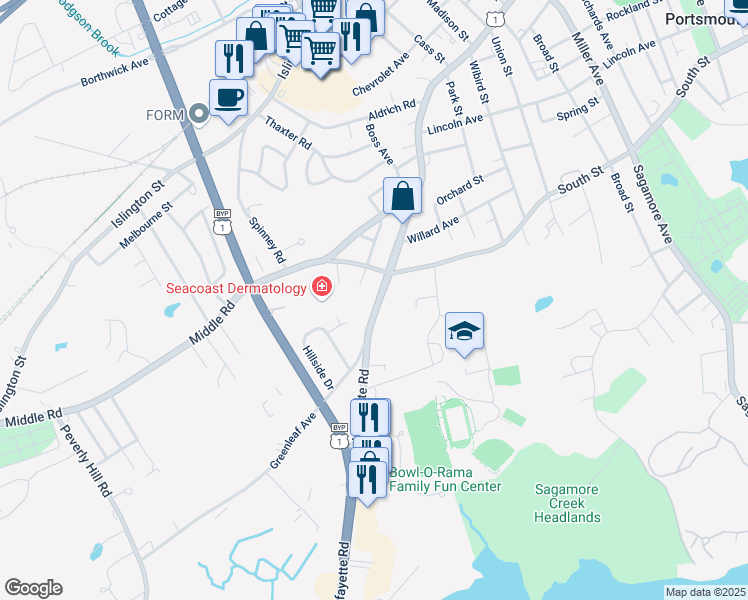 map of restaurants, bars, coffee shops, grocery stores, and more near in Portsmouth
