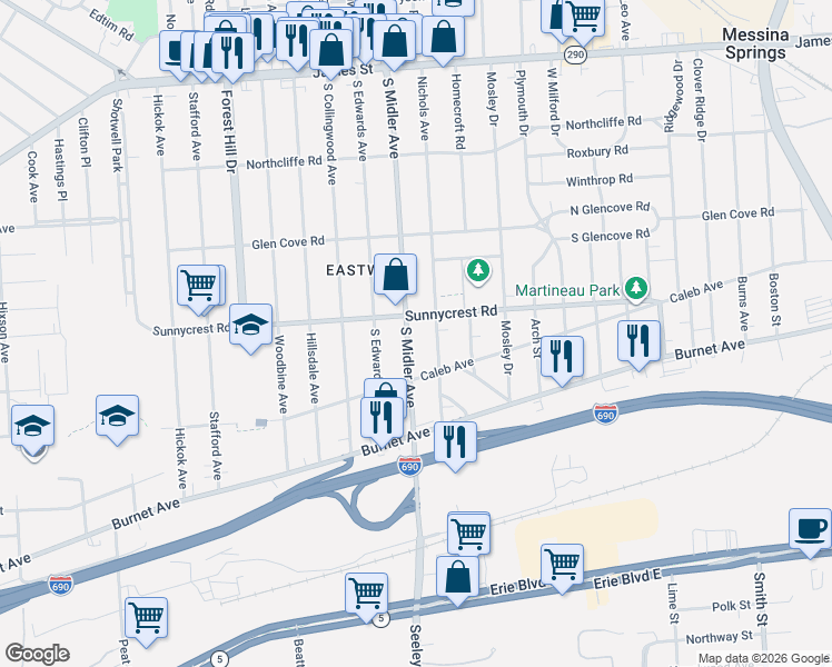map of restaurants, bars, coffee shops, grocery stores, and more near 375 South Midler Avenue in Syracuse