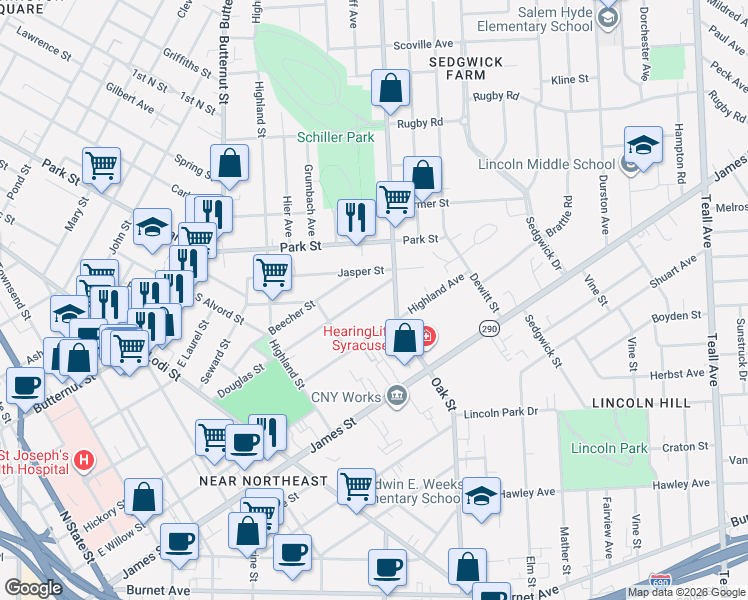 map of restaurants, bars, coffee shops, grocery stores, and more near 427-29 Douglas Street in Syracuse