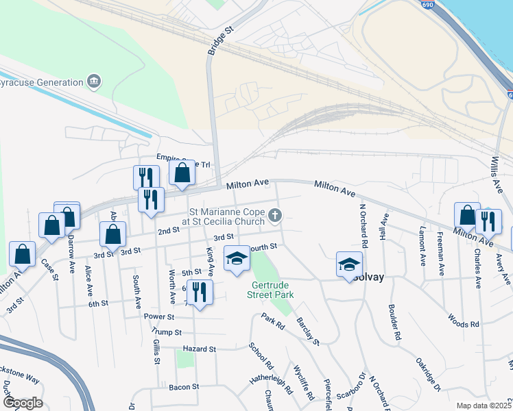map of restaurants, bars, coffee shops, grocery stores, and more near 2045 Milton Avenue in Syracuse