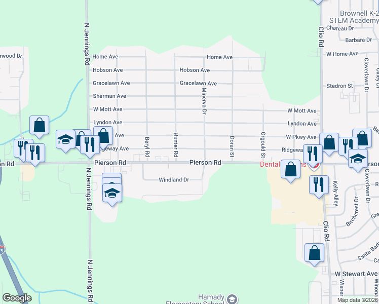 map of restaurants, bars, coffee shops, grocery stores, and more near 3312 Ridgeway Avenue in Flint