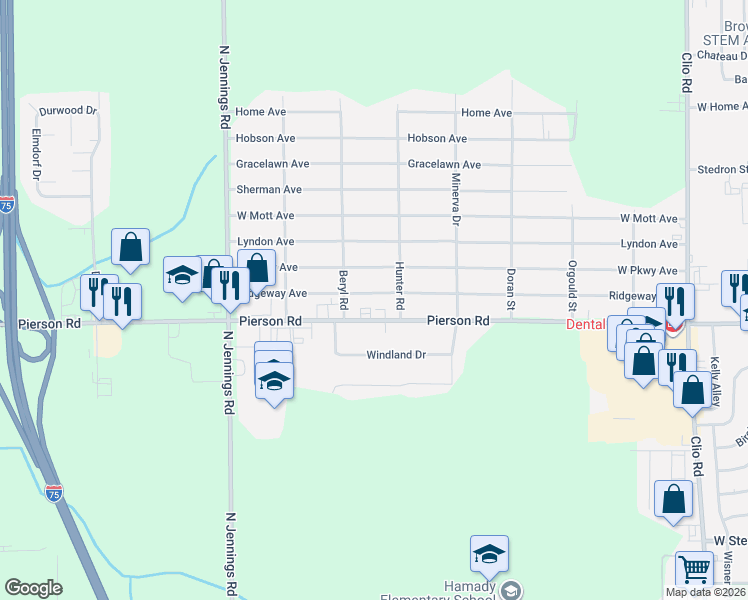 map of restaurants, bars, coffee shops, grocery stores, and more near 3345 West Parkway Avenue in Flint