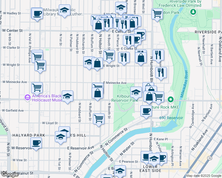 map of restaurants, bars, coffee shops, grocery stores, and more near 2373-2375 North Booth Street in Milwaukee