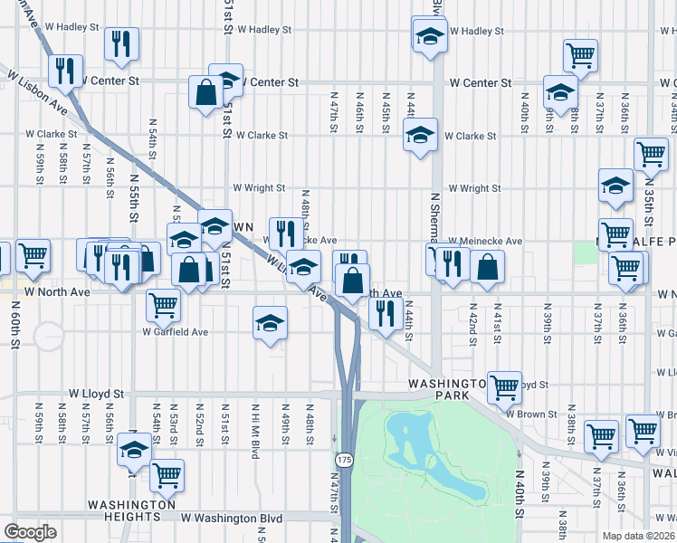 map of restaurants, bars, coffee shops, grocery stores, and more near 2360 North 47th Street in Milwaukee