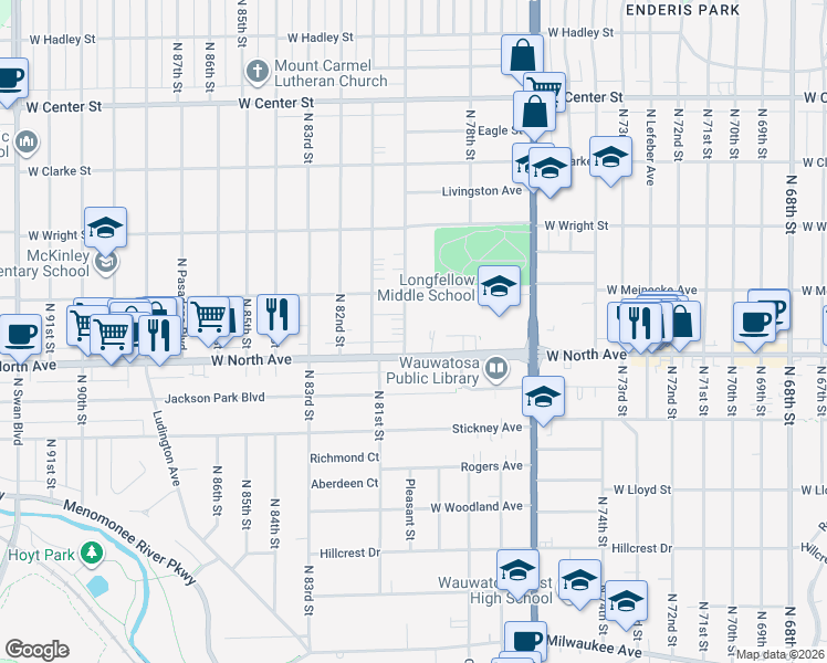 map of restaurants, bars, coffee shops, grocery stores, and more near 2363 North 80th Street in Wauwatosa