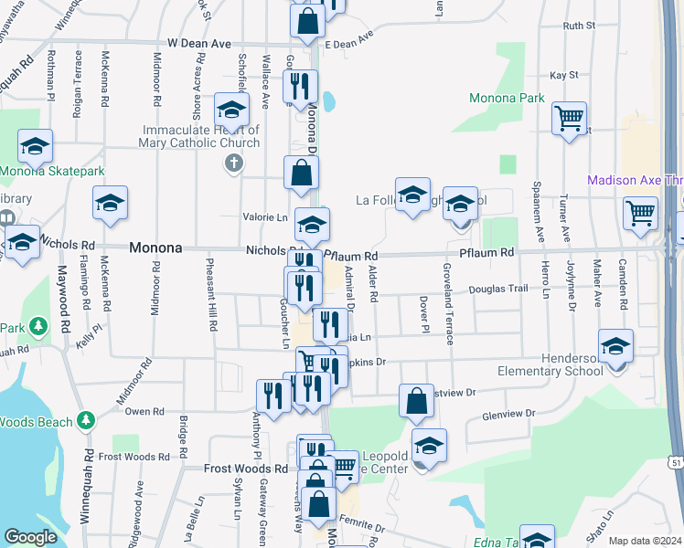 map of restaurants, bars, coffee shops, grocery stores, and more near 5301 Admiral Drive in Monona