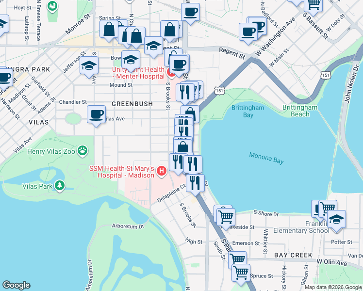 map of restaurants, bars, coffee shops, grocery stores, and more near 902 Drake Street in Madison