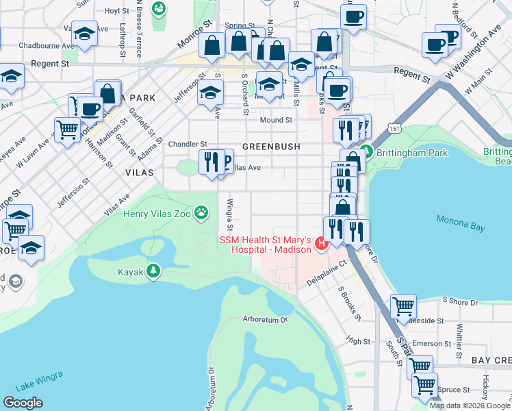 map of restaurants, bars, coffee shops, grocery stores, and more near 1203 Drake Street in Madison