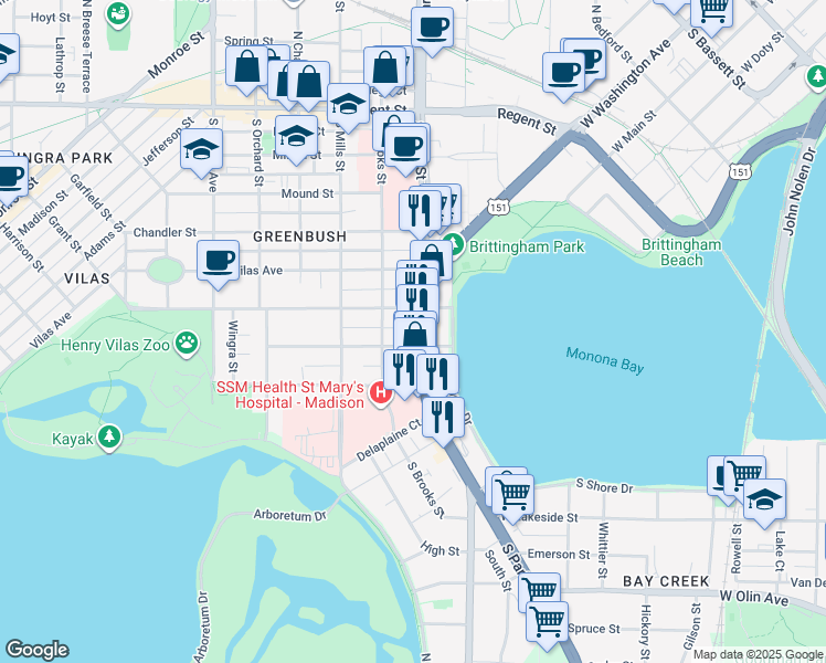map of restaurants, bars, coffee shops, grocery stores, and more near 902 Drake Street in Madison