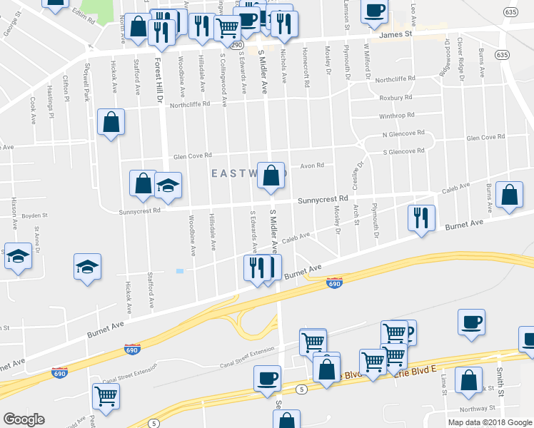 map of restaurants, bars, coffee shops, grocery stores, and more near 412 South Midler Avenue in Syracuse
