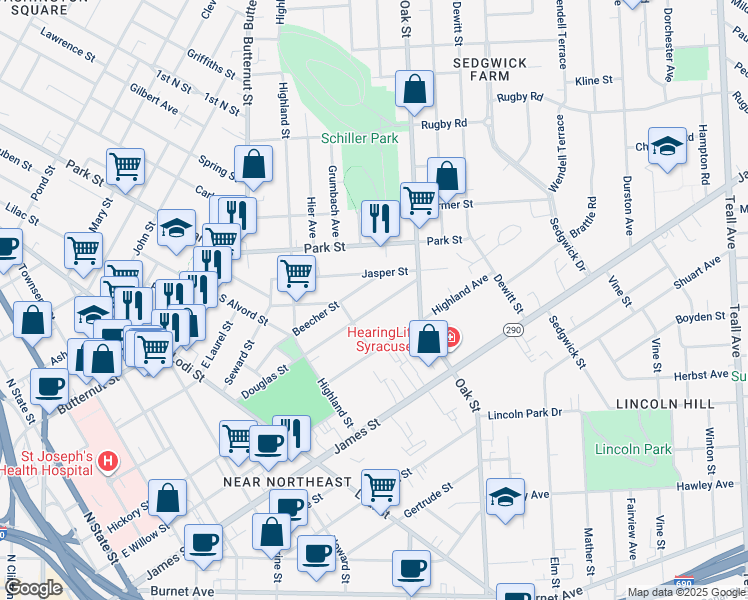 map of restaurants, bars, coffee shops, grocery stores, and more near 413 Douglas Street in Syracuse