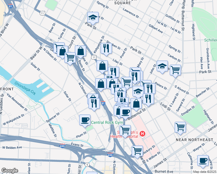 map of restaurants, bars, coffee shops, grocery stores, and more near 755 North Salina Street in Syracuse