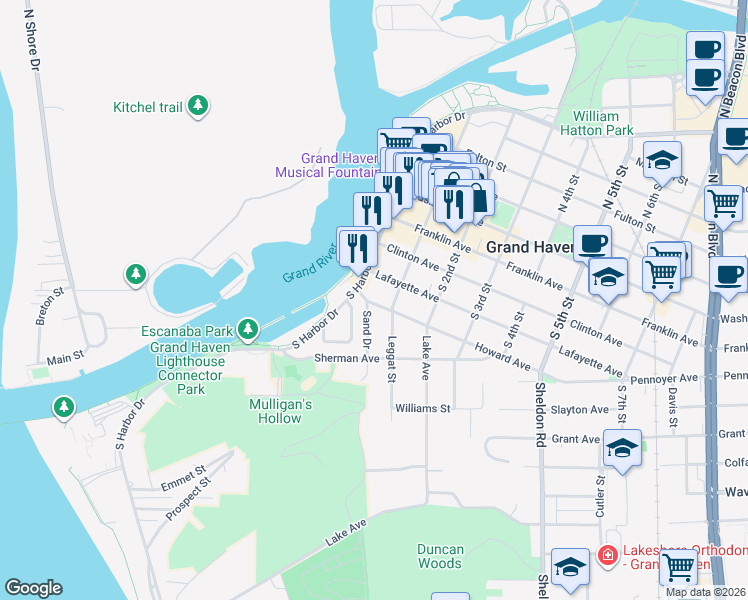 map of restaurants, bars, coffee shops, grocery stores, and more near 25 Howard Avenue in Grand Haven
