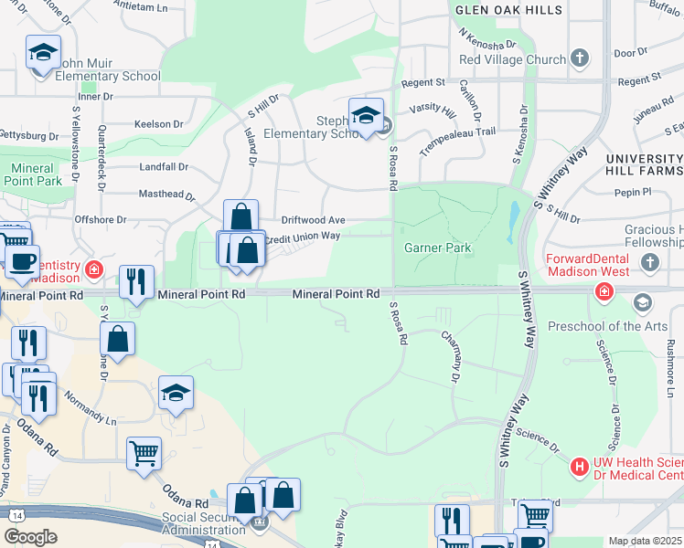 map of restaurants, bars, coffee shops, grocery stores, and more near 5810 Mineral Point Road in Madison