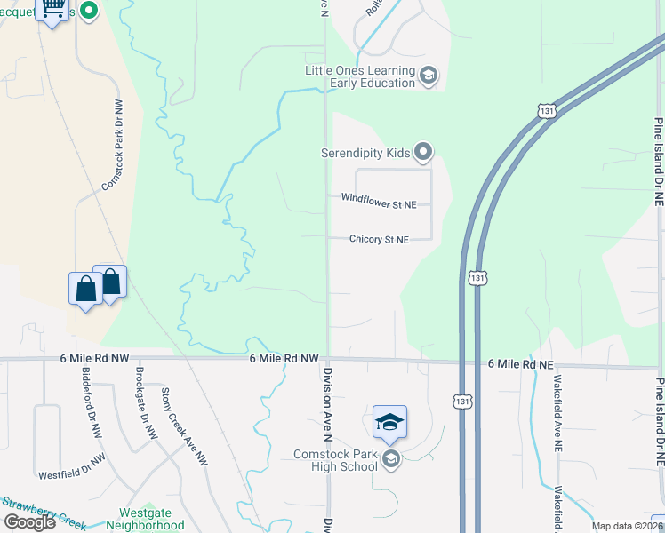 map of restaurants, bars, coffee shops, grocery stores, and more near 10 Chicory Street Northeast in Comstock Park