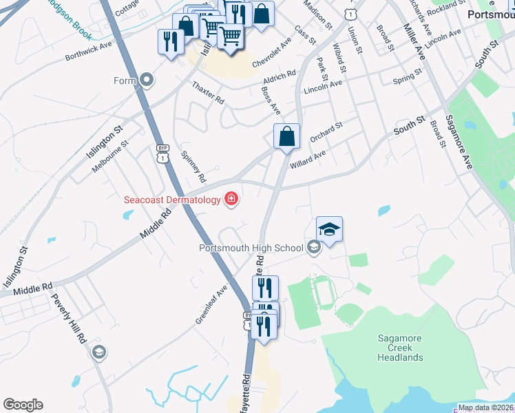 map of restaurants, bars, coffee shops, grocery stores, and more near 171 Monroe Street in Portsmouth