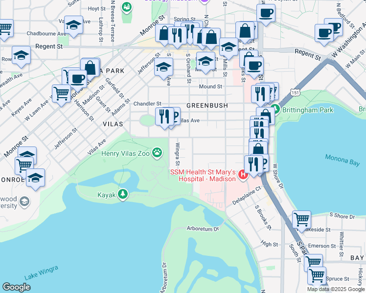 map of restaurants, bars, coffee shops, grocery stores, and more near 1309 Drake Street in Madison