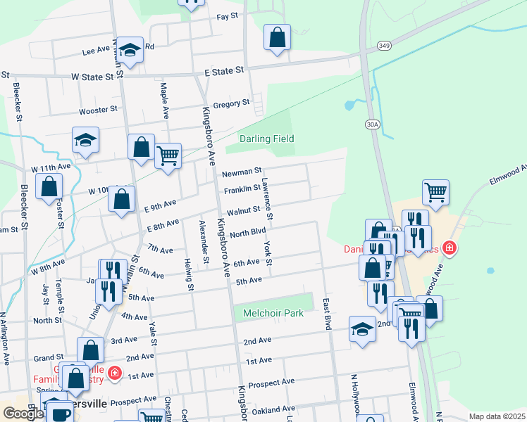 map of restaurants, bars, coffee shops, grocery stores, and more near 32 Walnut Street in Gloversville