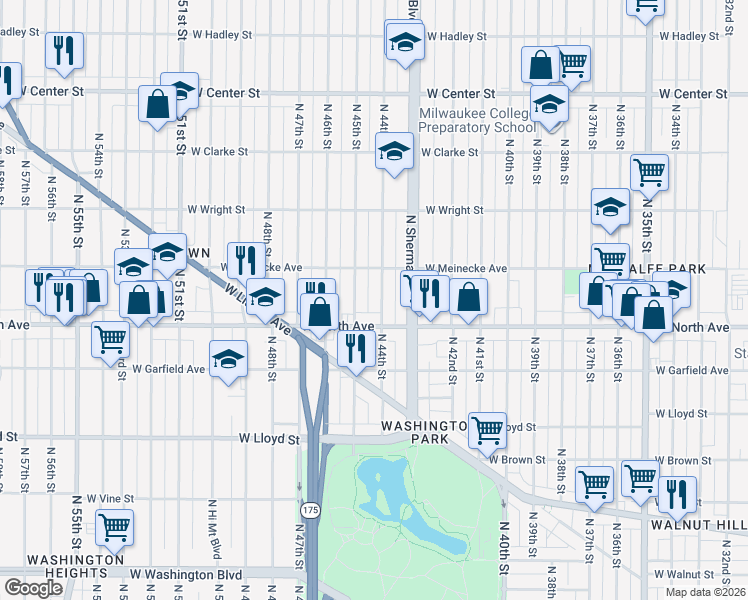 map of restaurants, bars, coffee shops, grocery stores, and more near 2361 North 44th Street in Milwaukee