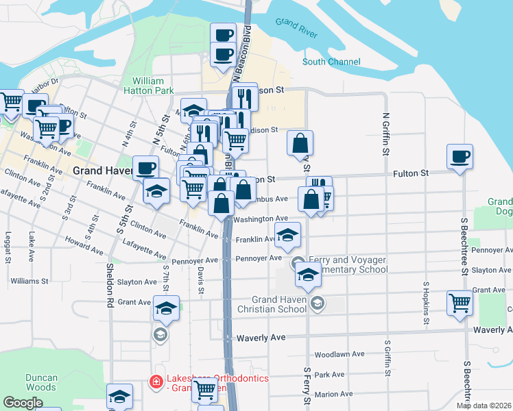 map of restaurants, bars, coffee shops, grocery stores, and more near 916 Columbus Avenue in Grand Haven