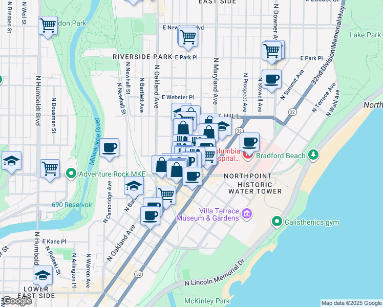 map of restaurants, bars, coffee shops, grocery stores, and more near 2010 East Thomas Avenue in Milwaukee