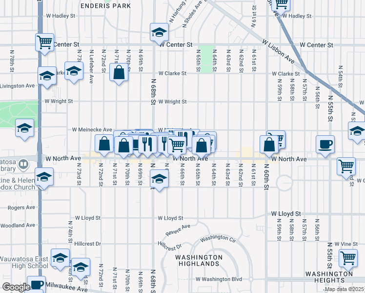 map of restaurants, bars, coffee shops, grocery stores, and more near 2610 N 66th St in Wauwatosa
