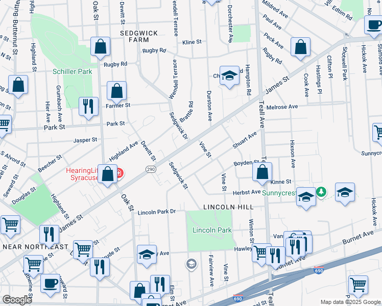 map of restaurants, bars, coffee shops, grocery stores, and more near 1214 James Street in Syracuse