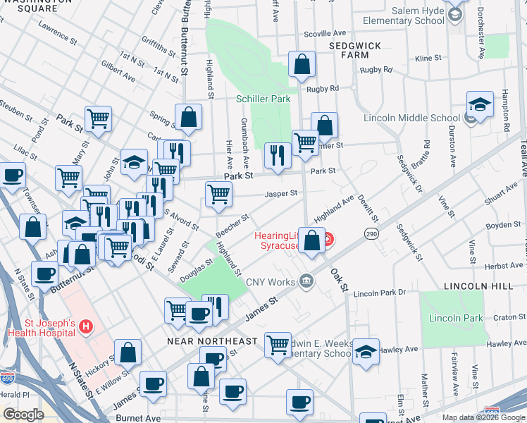 map of restaurants, bars, coffee shops, grocery stores, and more near 313 Beecher Street in Syracuse