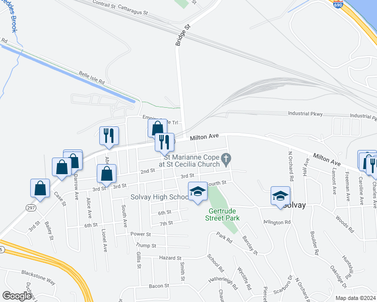 map of restaurants, bars, coffee shops, grocery stores, and more near 2123 Milton Avenue in Solvay