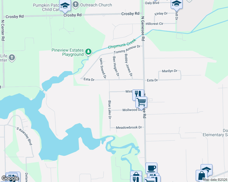 map of restaurants, bars, coffee shops, grocery stores, and more near 4420 Esta Drive in Flint