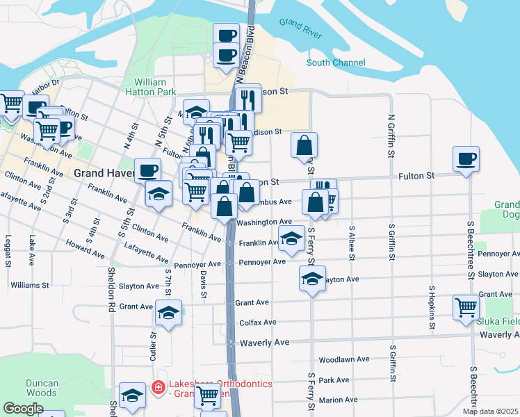 map of restaurants, bars, coffee shops, grocery stores, and more near 916 Columbus Avenue in Grand Haven
