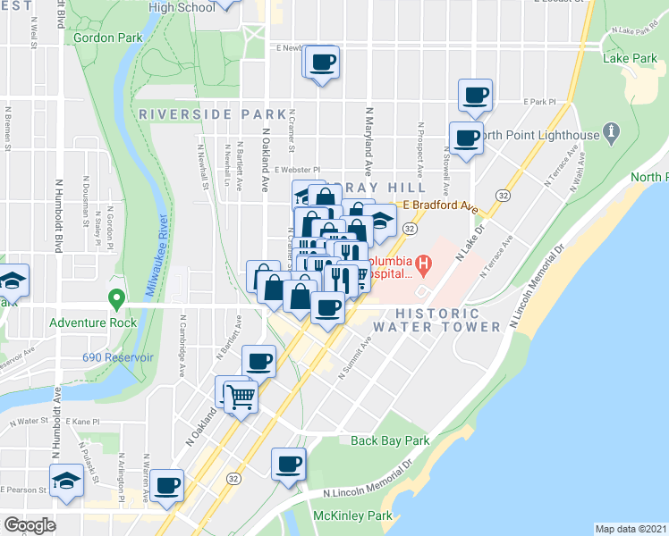 map of restaurants, bars, coffee shops, grocery stores, and more near 2428 North Murray Avenue in Milwaukee