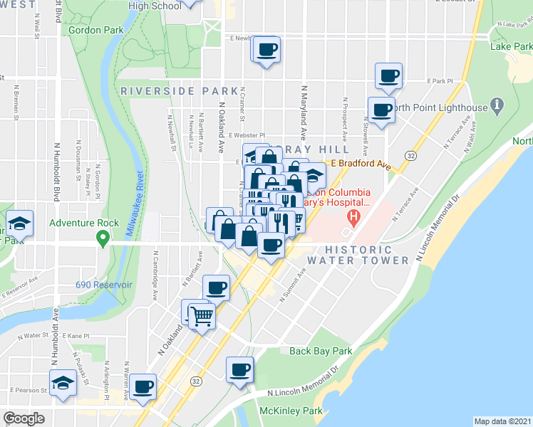 map of restaurants, bars, coffee shops, grocery stores, and more near 2428 North Murray Avenue in Milwaukee
