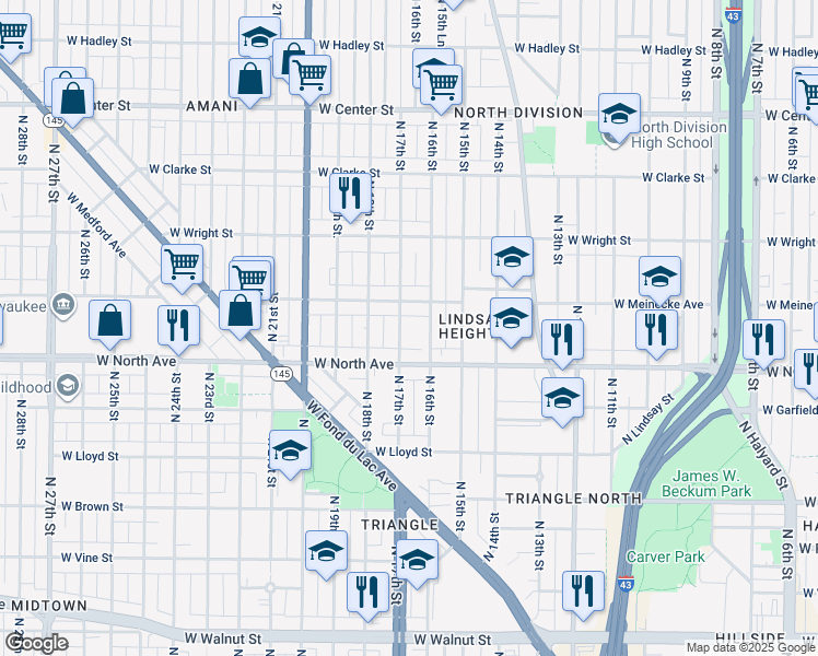 map of restaurants, bars, coffee shops, grocery stores, and more near 1609 West Meinecke Avenue in Milwaukee