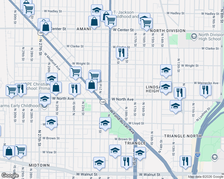 map of restaurants, bars, coffee shops, grocery stores, and more near 1935 West Meinecke Avenue in Milwaukee