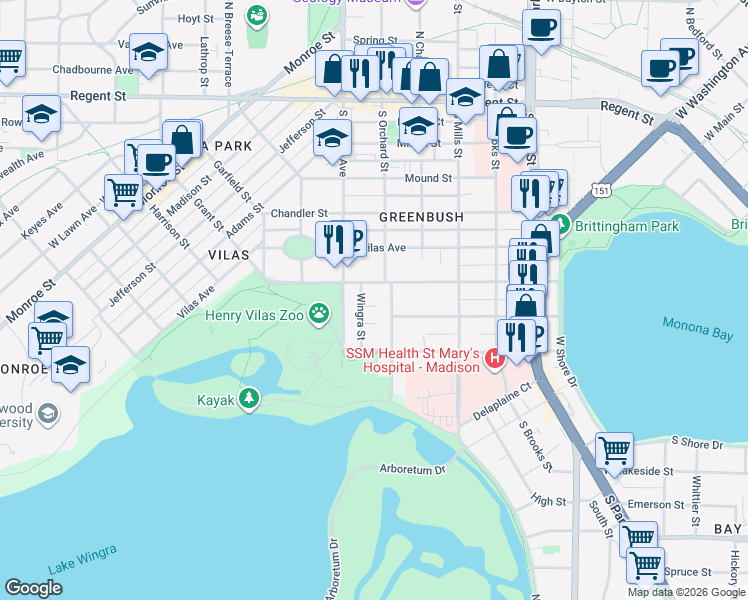 map of restaurants, bars, coffee shops, grocery stores, and more near 1309 Drake Street in Madison
