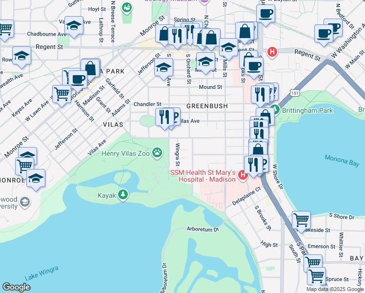 map of restaurants, bars, coffee shops, grocery stores, and more near 1309 Drake Street in Madison